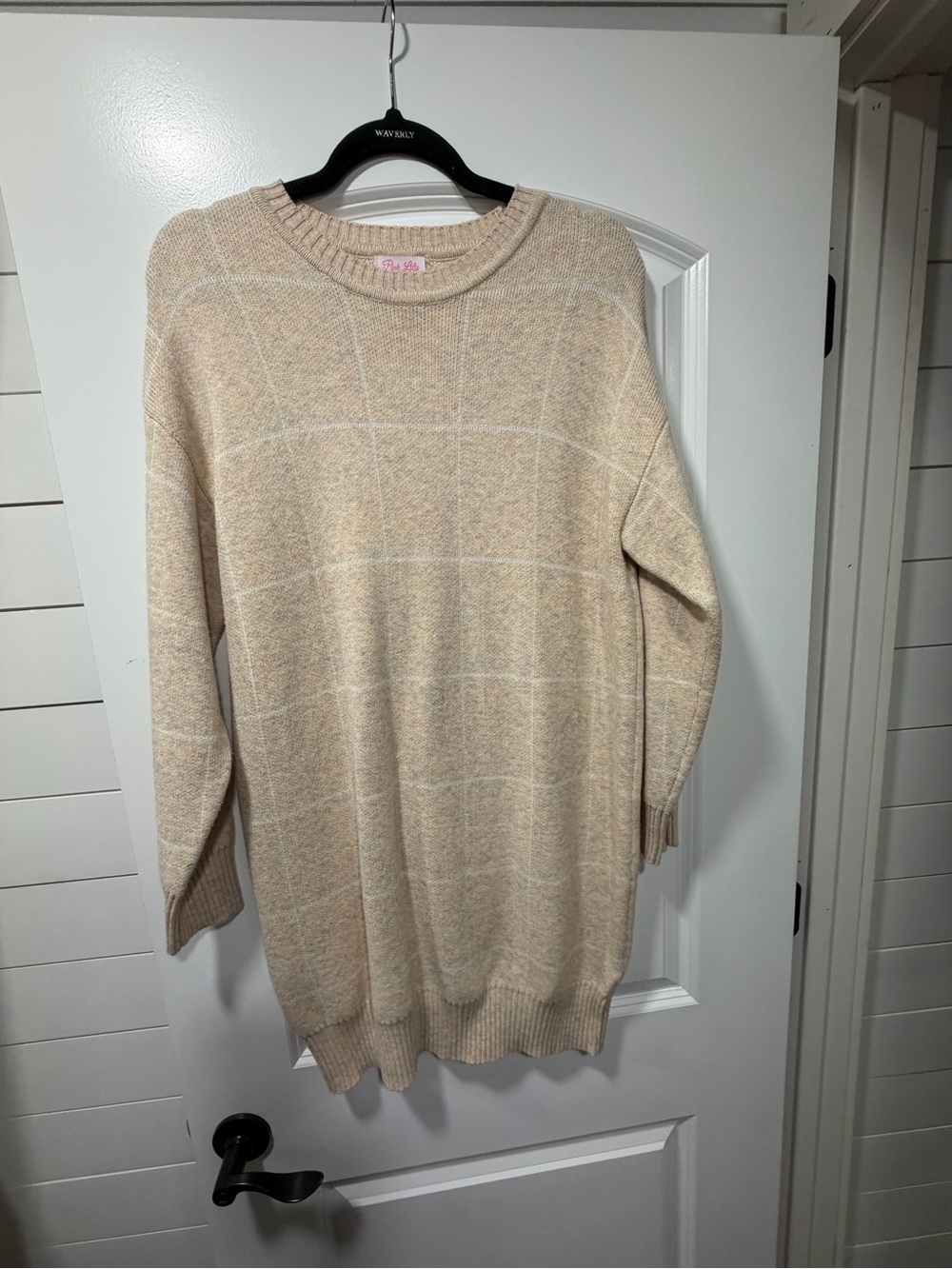 Pink Lily Beige Windowpane Crew Neck Sweater